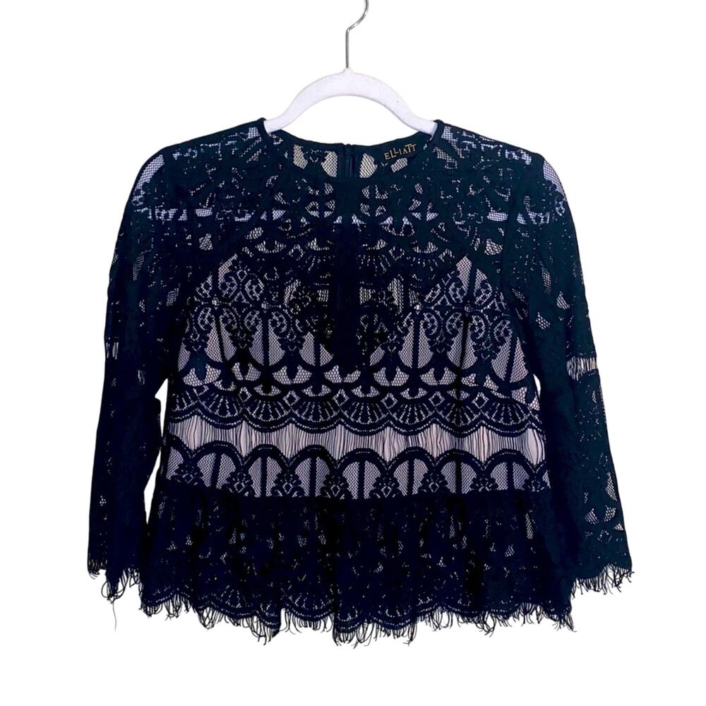 ELLIATT lace overlay fringe hem crop top